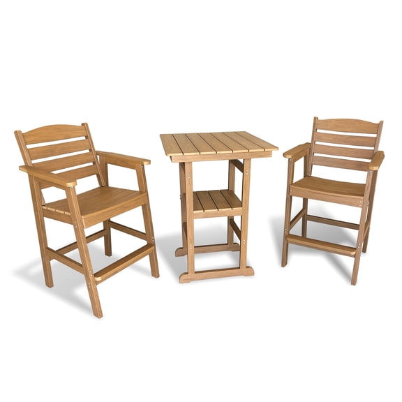 Poly Lumber Patio Bar Set, HIPS Outdoor Bar Stools with Table, Weather Resistant, for Poolside, Garden, Yard, Balcony (Teak Tone, 3 Piece)