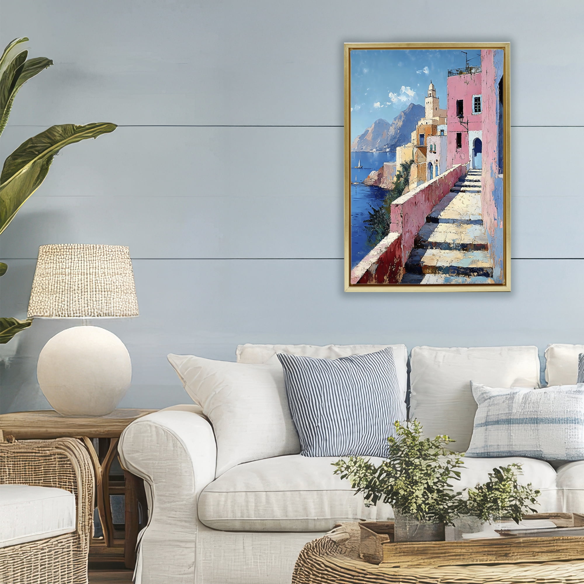 Stupell Industries Coastal Village's Sunlit Pathway Gold Framed Floater Canvas Wall Art, design by Creative Studio