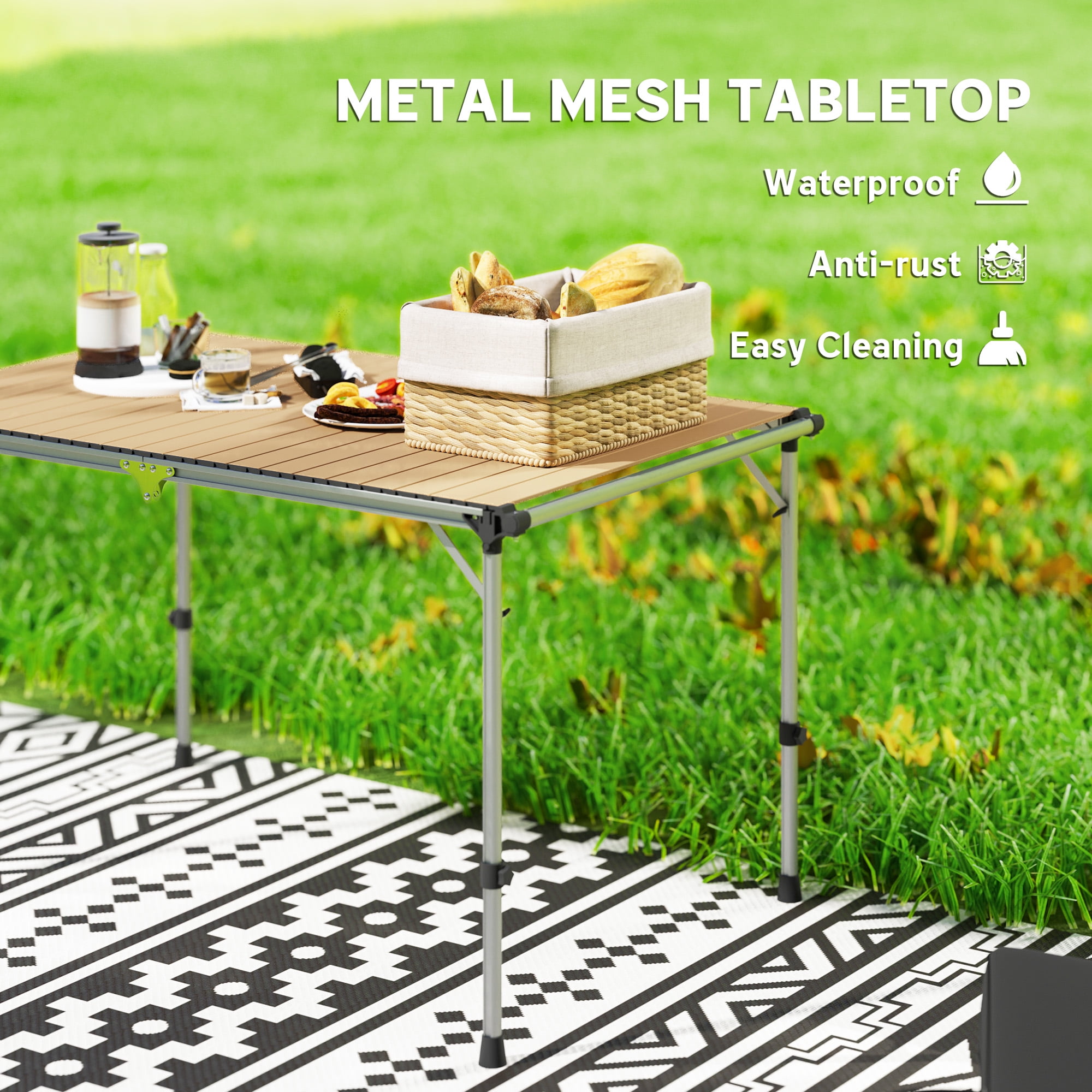 Adjustable Height Aluminum Picnic Table, Light Brown Anodized Rust-Free Portable Folding Table for Outdoor Dining Cooking Workstation, Supports 66 lbs