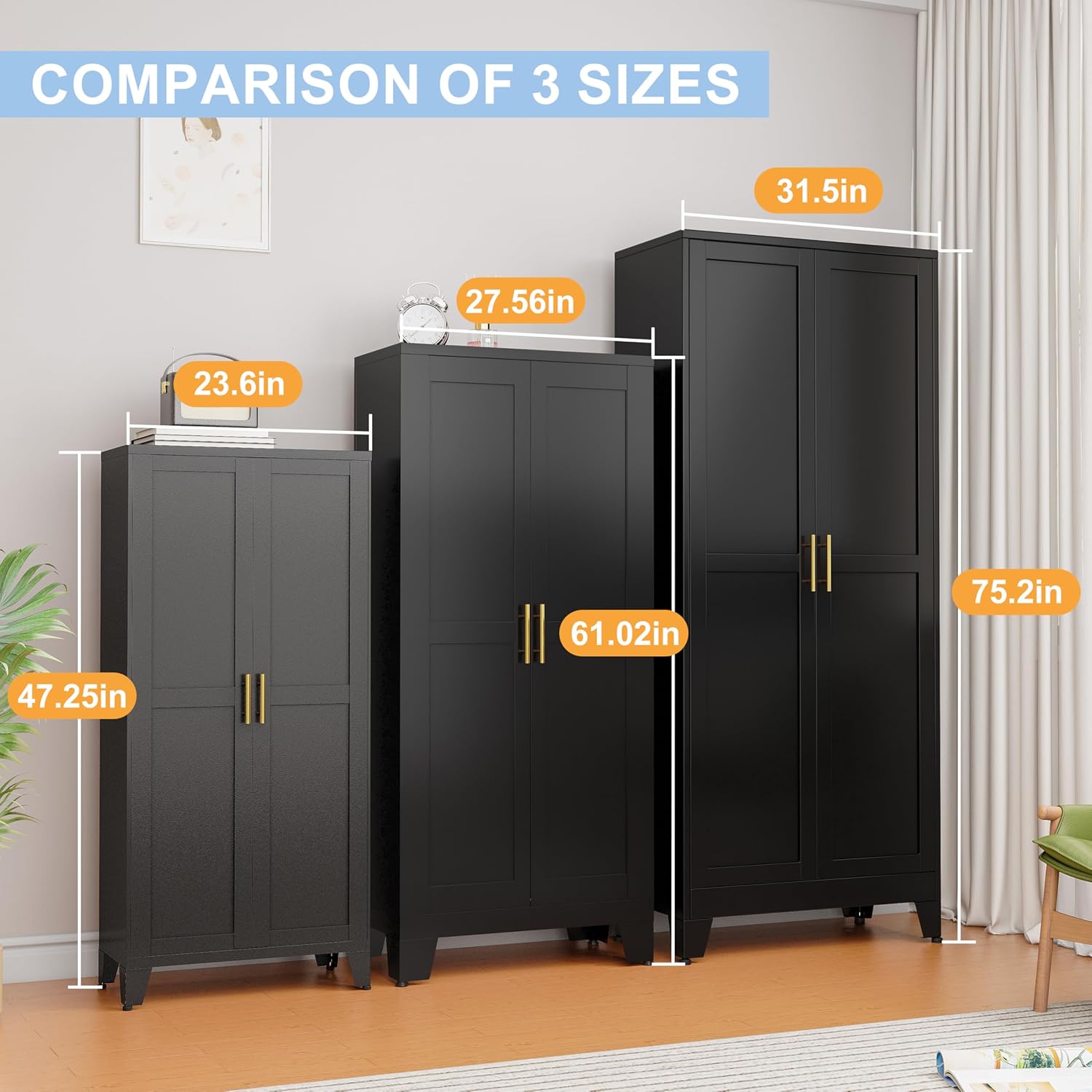 Black Metal Storage Cabinet, 48" Steel Cabinets for Home Office, Kitchen Pantry Storage Cabinet with Doors and 3 Adjustable Shelves, for Office, Home, Garage, School