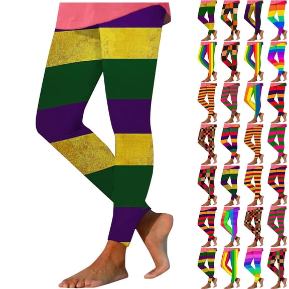 Feancey Women Holiday Workout Leggings Novelty Mardi Gras Party Tights Trendy Colorblock Striped Yoga Pants Tummy Control High Waisted Leggings Hot Pink S