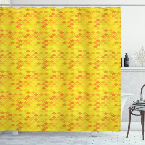 Fish Scale Shower Curtain, Traditional Japanese Pattern Yellow Fish Squama Mermaid Scales, Fabric Bathroom Set with Hooks, 69W X 70L Inches, Mustard Pale Yellow Orange, by Ambesonne