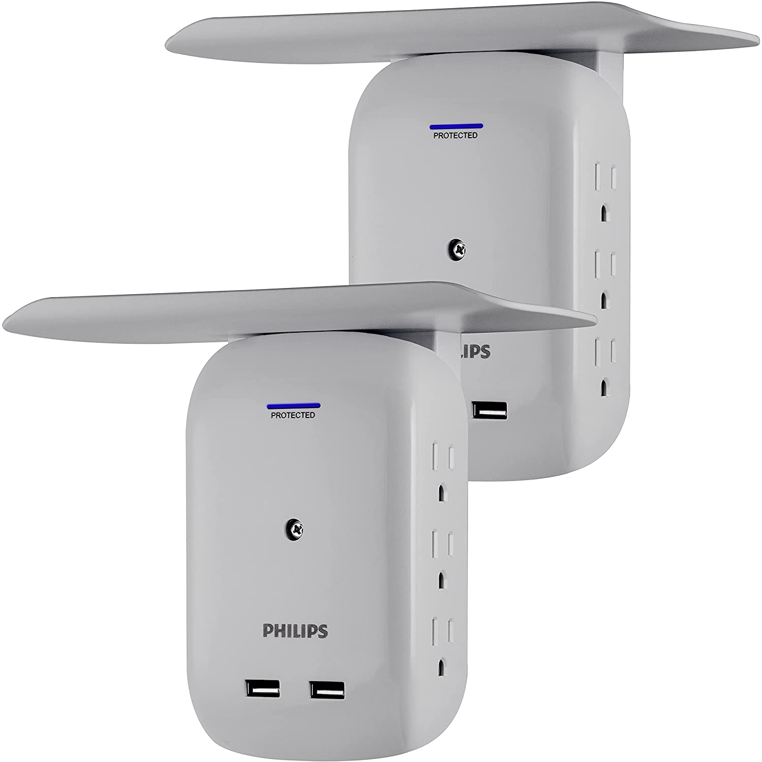 Philips 6Outlet Extender 2USB Surge Protector, Side Access Adapter