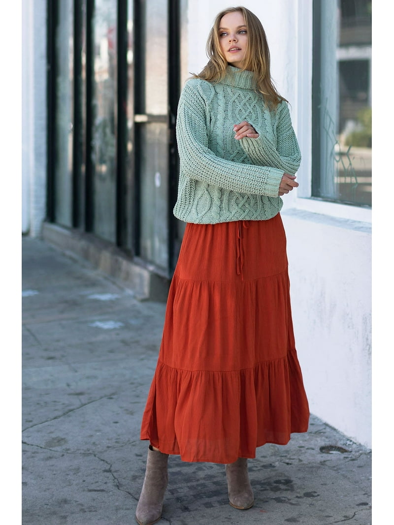 Ambiance Women's Juniors Boho Broomstick Maxi Skirt (Rust, Medium