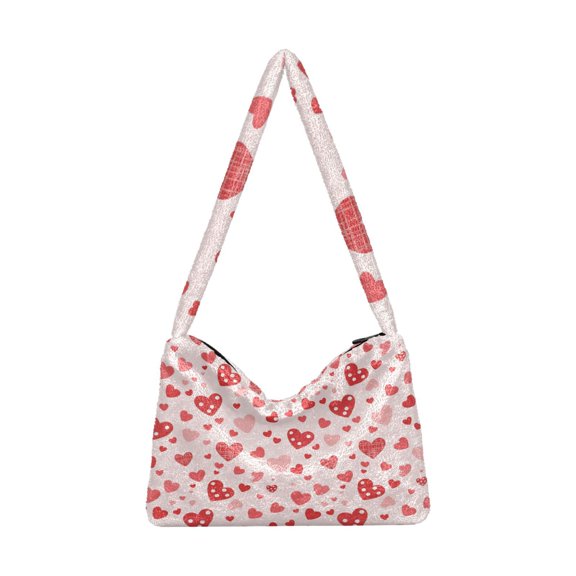 DIXRUYEE Red Sweet Hearts Valentine's Day Print Plush Shoulder Bag Soft Faux Fluffy Hobo Tote Bag With Zipper Closure Casual Lightweight Crossbody Handbag