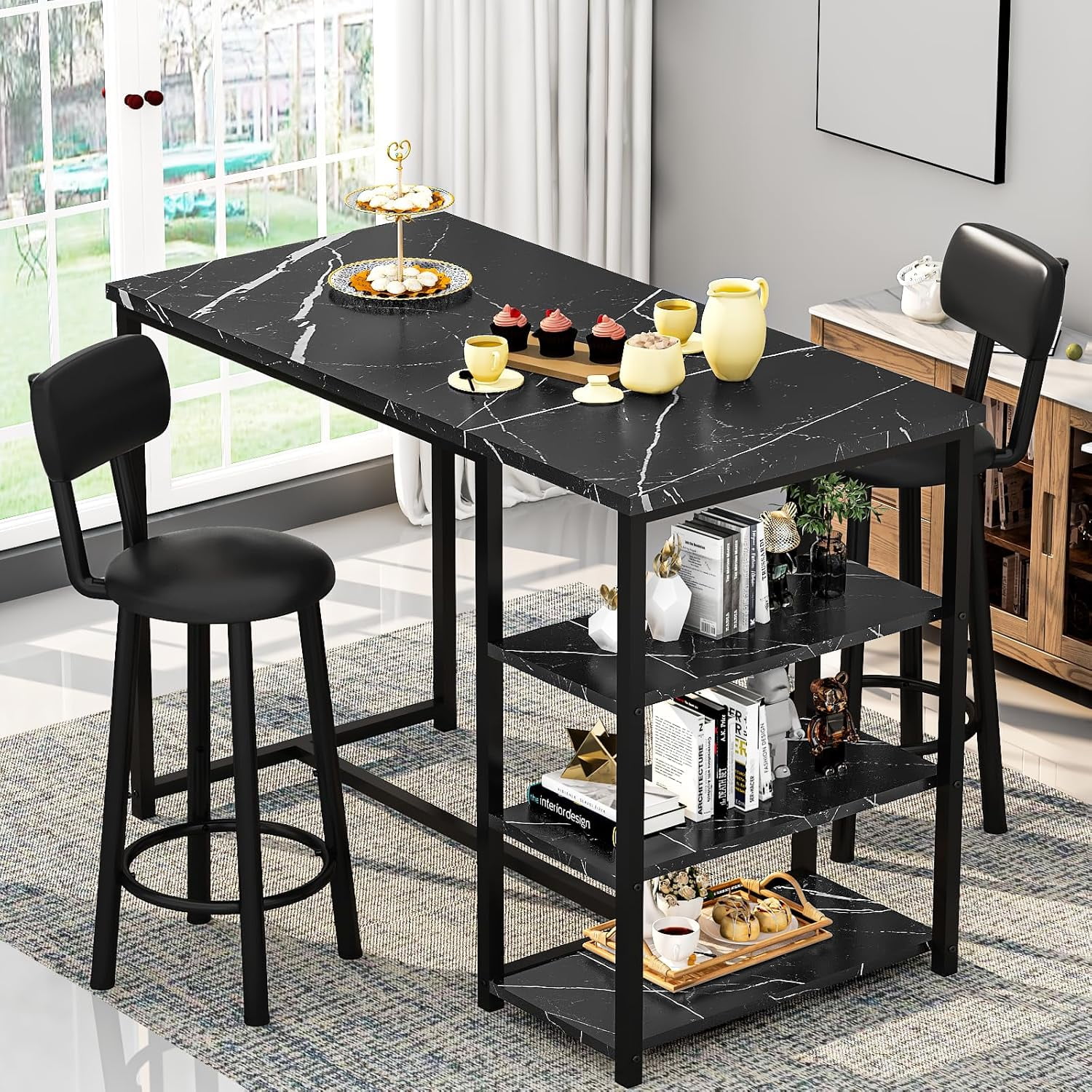 LinkRomat Dining Table Set for 2,3 Piece Pub Table and Chairs Set with Storage Shelves, Small Space Bistro Kitchen & Bar Tables, Counter Height Dining Set, Black