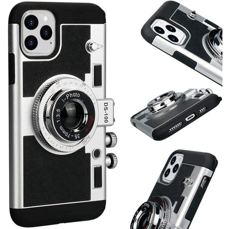 Phone Case iPhone Camera Case Vintage Cover Cute 3D Cool Unique Camera Design Case PC Silicone Cover with Removable Neck Strap Lanyard for Girls Women