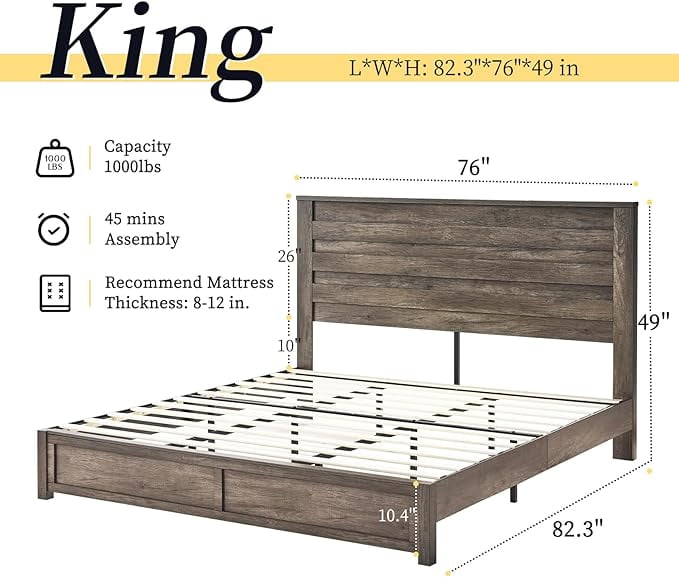 VanAcc King Size Bed Frame with 49" Tall & Full-Panel Headboard, Farmhouse Platform Bed with Wood Slats & Metal Bed Frame, Noise Free
