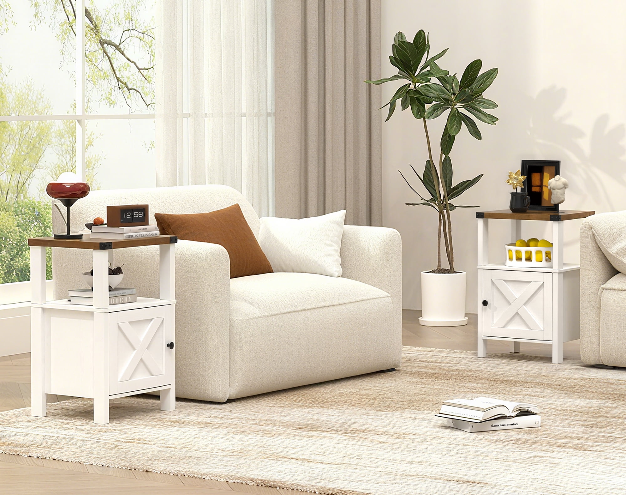 EVOKEDEN 2PCS Farmhouse Nightstands, Sofa Side End Table w/ Storage & Barn Door for Bedroom Living Room White
