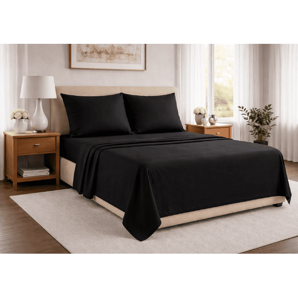 Juego De Sabanas Microfibra Soft Colores Lisos Matrimonial Negro Liso Sólido