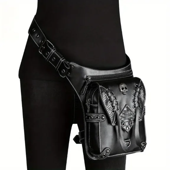 Women's Fashionable Retro Punk Waist Bag  PU Leather Crossbody Fanny Pack With Studded Skull Detail