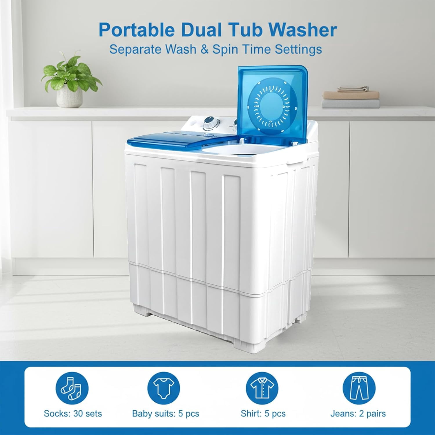 Portable Washing Machine, 14lbs Twin Tub Washer Mini Compact Laundry Machine with Drain Pump,Compact Washer for Home Dorm Apartment,Blue