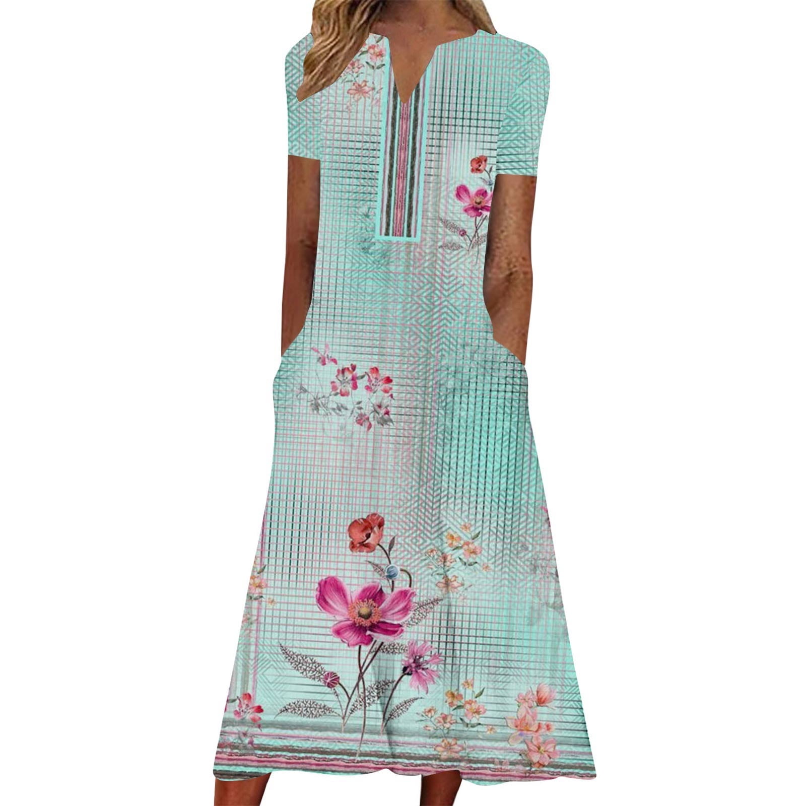 QUYUON Floral Dress for Women Summer V-Neck Short Sleeve Midi Dresses ...