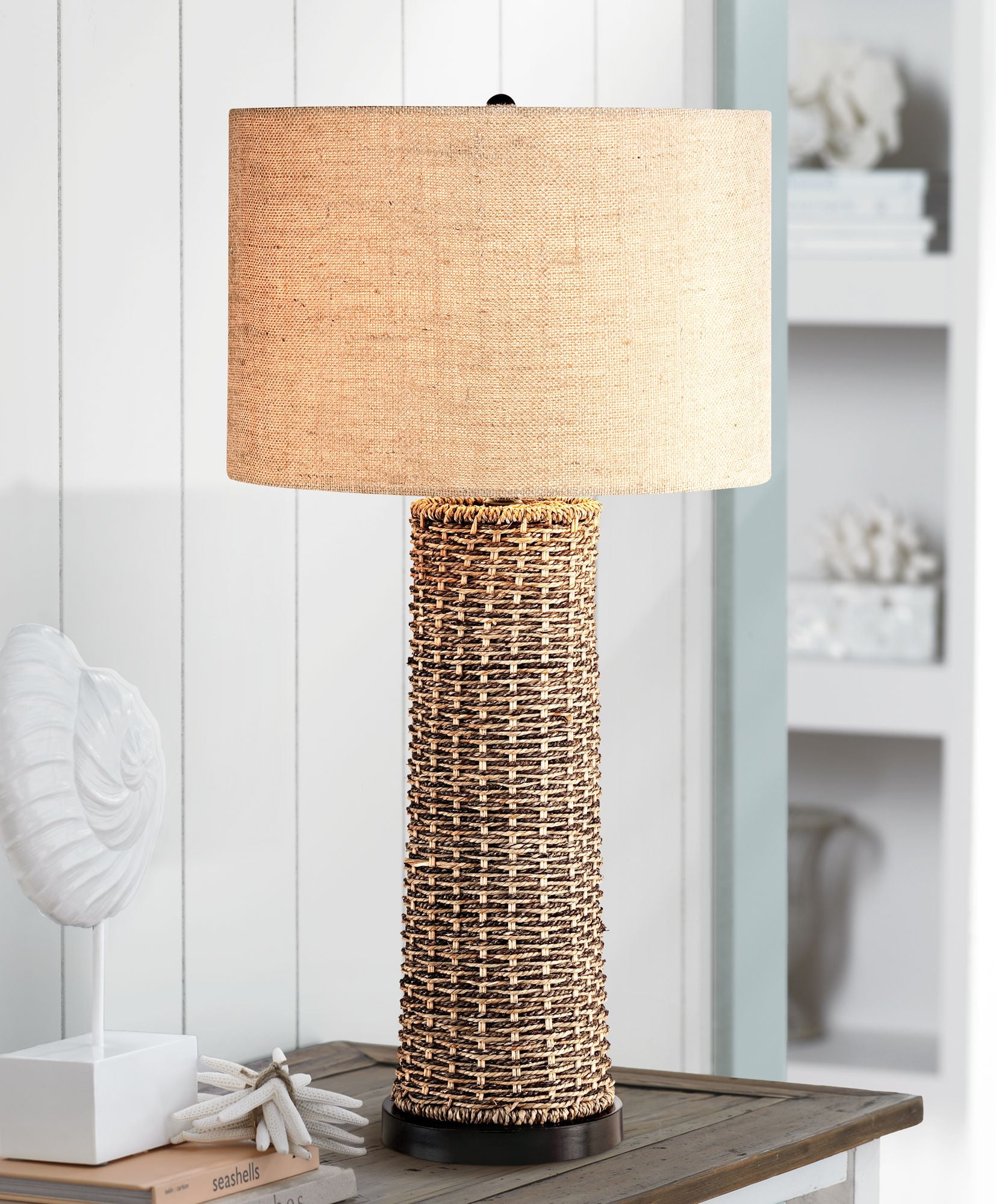 360 Lighting Coastal Table Lamp Woven Seagrass Burlap Drum Shade for