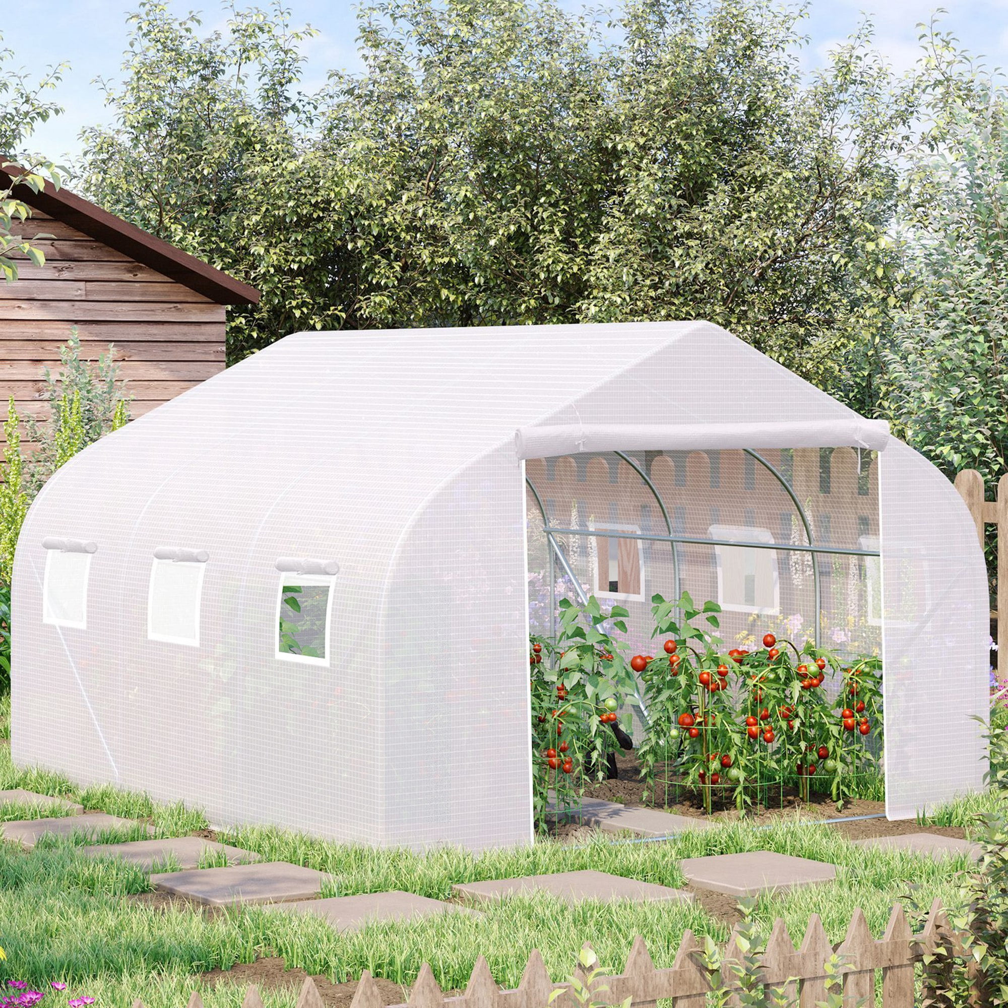 Outdoor Walk-in Greenhouse, Tunnel Green House with Roll-up Windows, Zippered Door, PE Cover