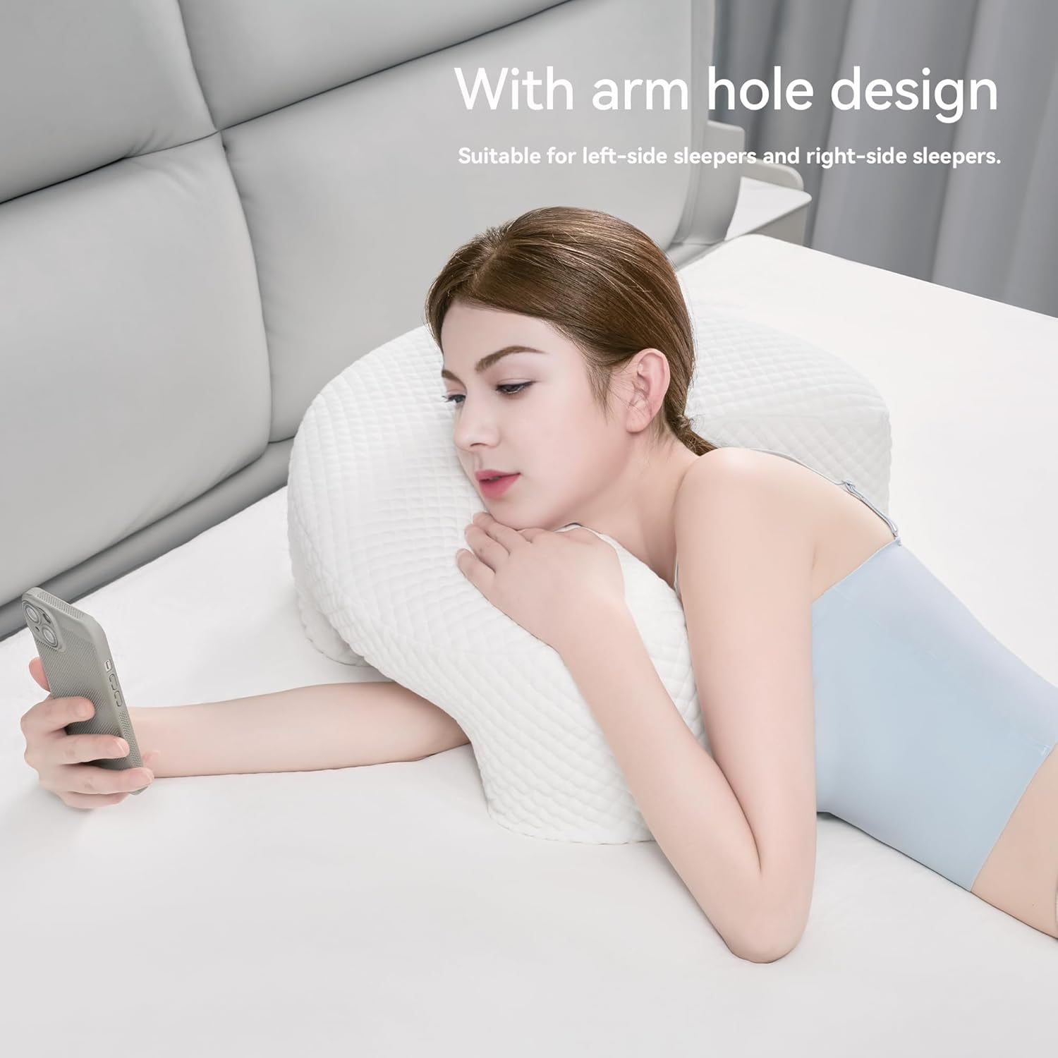 Side pillow with arm hole - memory foam pillow, used to relieve neck, neck, shoulder and rotating sleeve pain - ideal for side sleepers