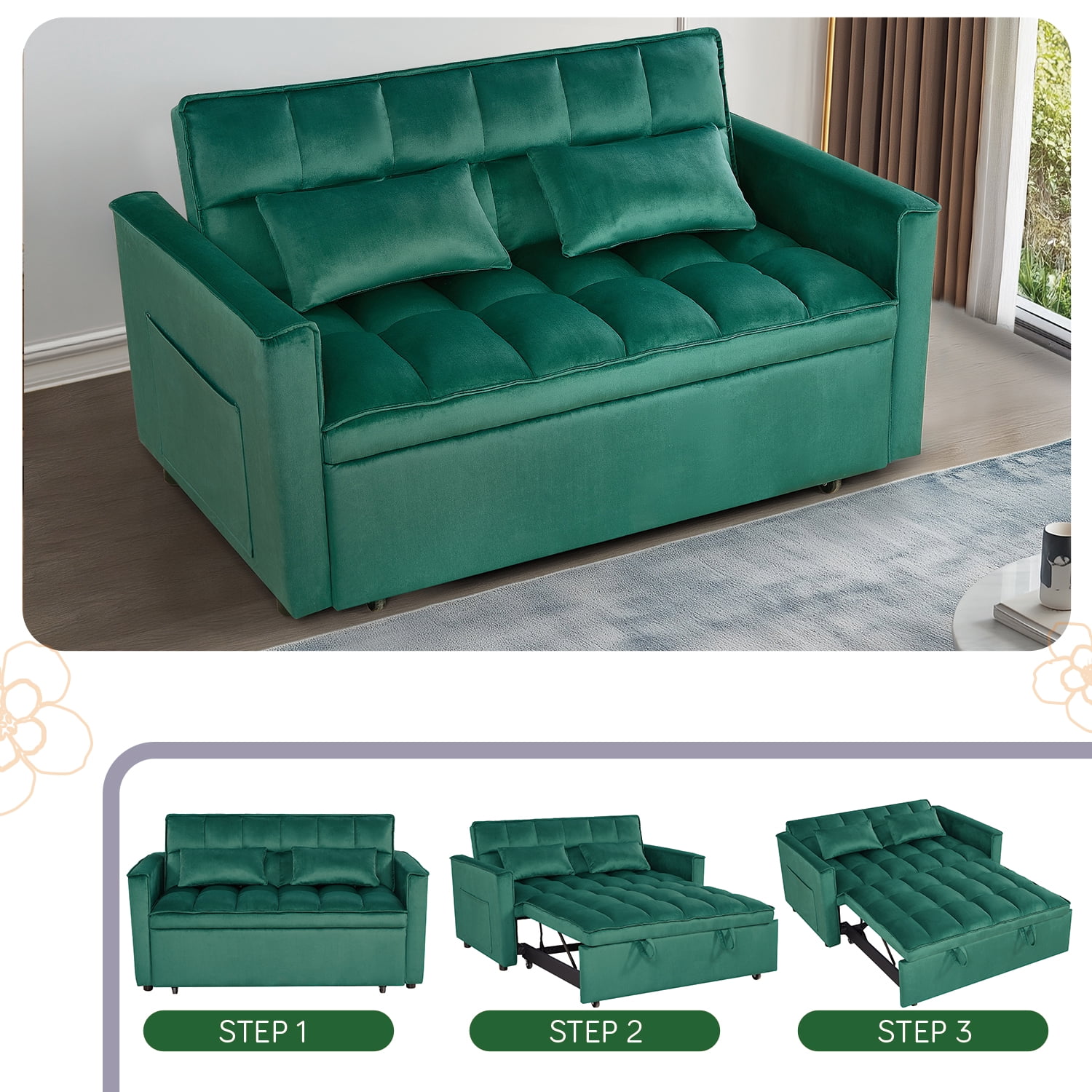 3-IN-1 Convertible Sofa Bed | Compact 2-seater sofa bed | 53.5-inch Velvet Fabric Sofa | Suitable for apartments, small flats, motorhomes, children's rooms, client reception areas, office rest areas,