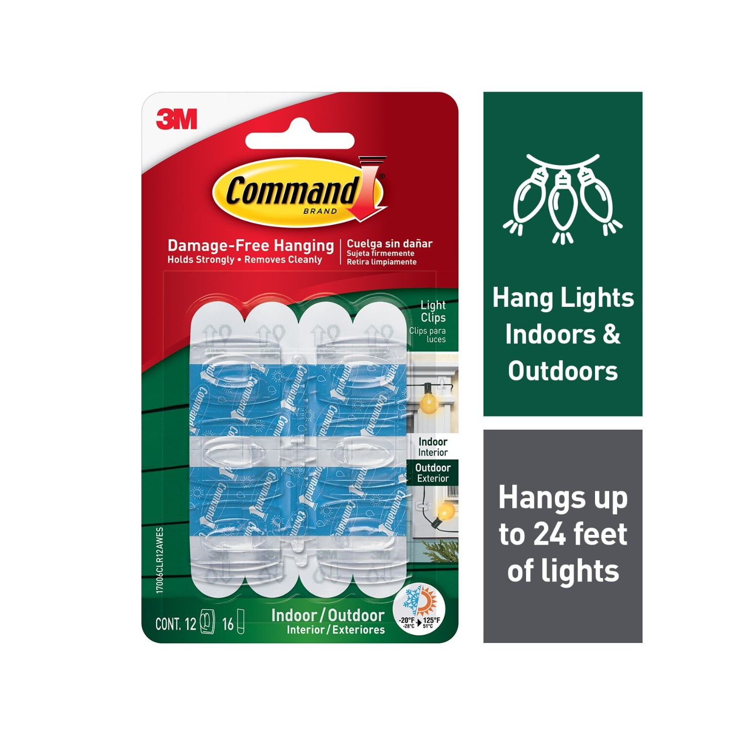 (3 pack) Command Indoor Outdoor Light Clips, Clear, Hang Lights, 12 Hooks, 16 Strips