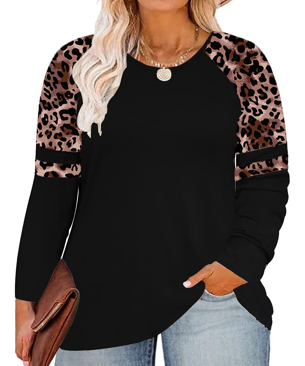 TIYOMI Plus Size Tops For Women Leopard Color Block Round Neck T Shirt 