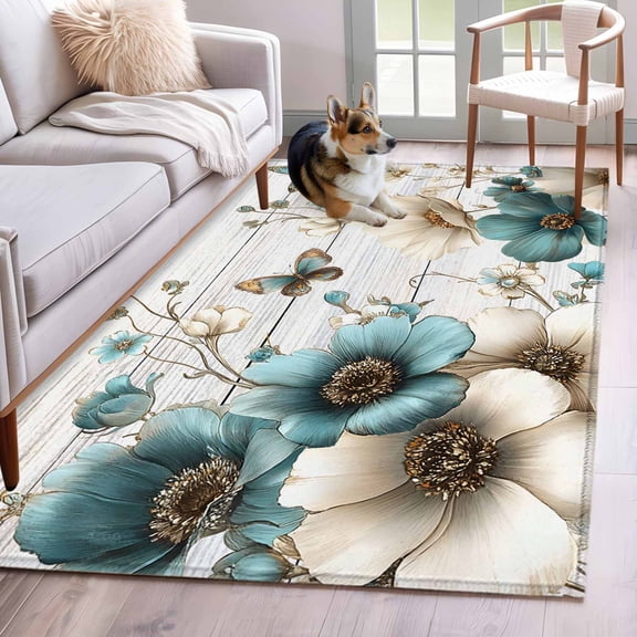 Area Rug for Living Room, Teal Tulip Butterfly Non-Slip Indoor Large Carpet for Bedroom/Dining Room, Beige Turquoise Floral Grey Wooden Washable Low-Profile Rectangle Floor Runner Rugs - 4 x 6 Ft