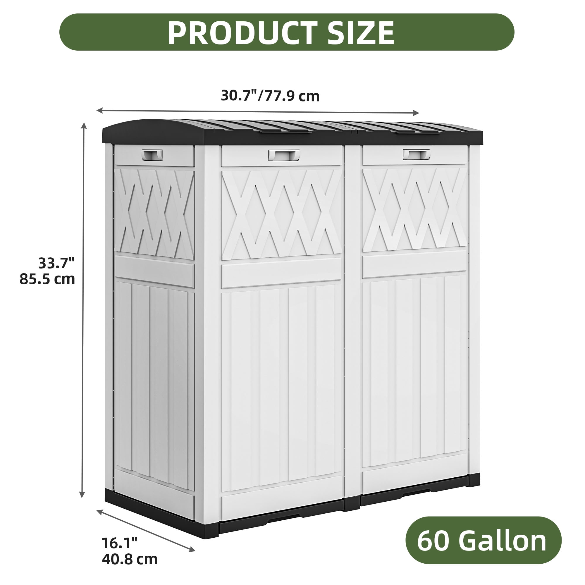 Uforic 62 Gallon Dual Compartment Resin Outdoor Trash Can with Layered Lid & Drip Tray, Waterproof Garbage Bin for Patio Backyard Deck, Black & White
