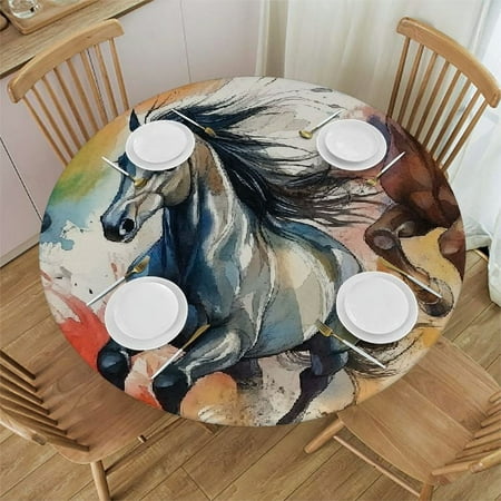 

FUMJ Horses Theme Round Tablecloth 100% Polyester Fiber Machine Washable Various Sizes Home Decor Dining Table Decoration 46 -50