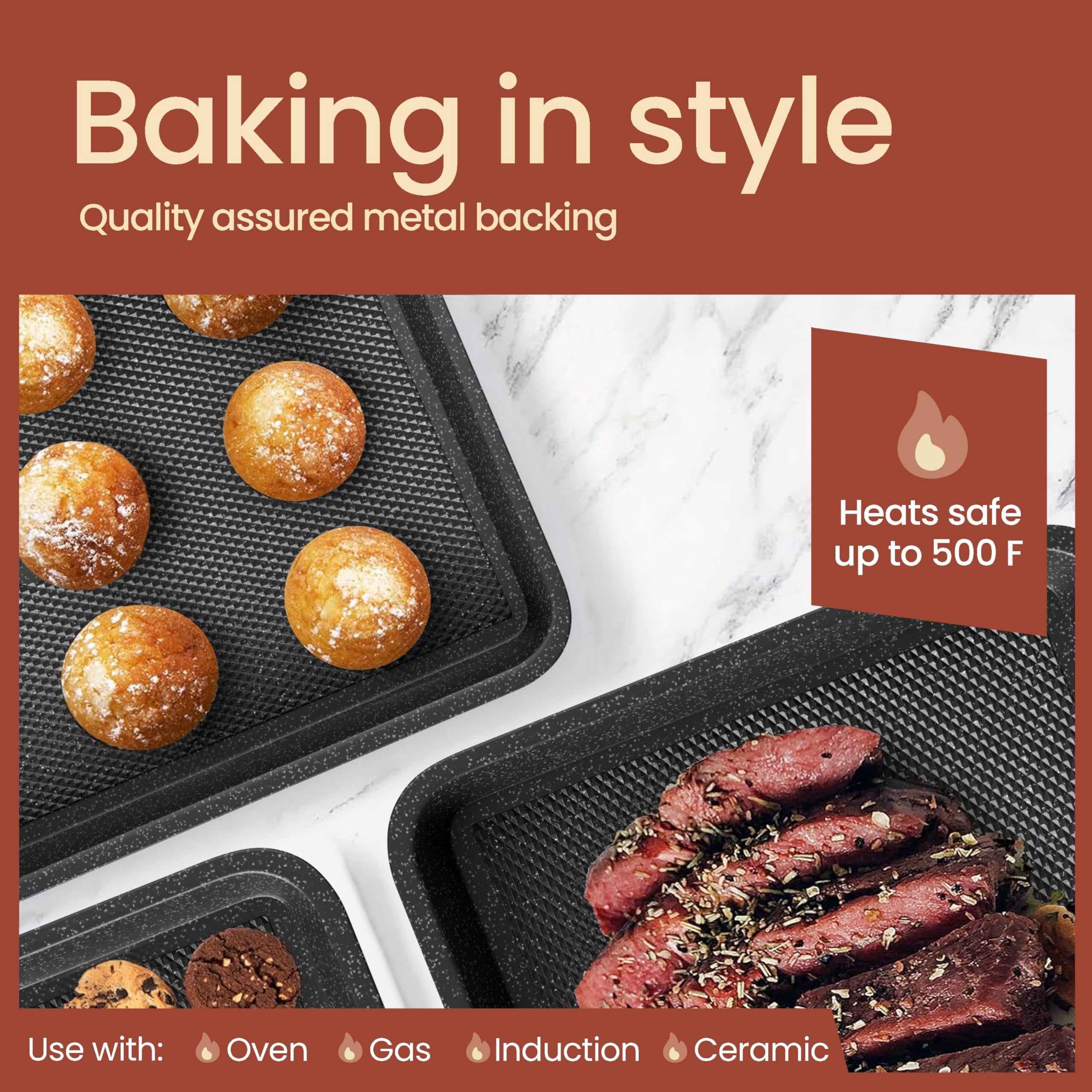 BAKKEN Baking Pans - Small, Medium, & Large Cookie Pan Nonstick, Diamond Texture Bottom, Oven Safe (450°F), Pack of 3, Gray Marble