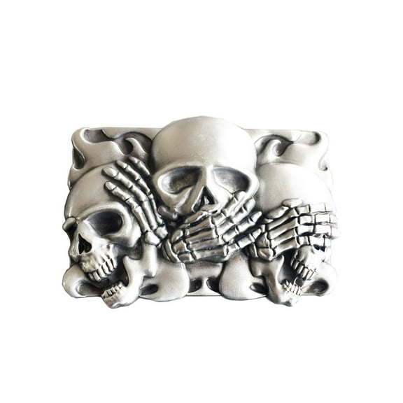 Vintage Style Antique Brushed Silver Flame Shy Skulls Belt Buckle