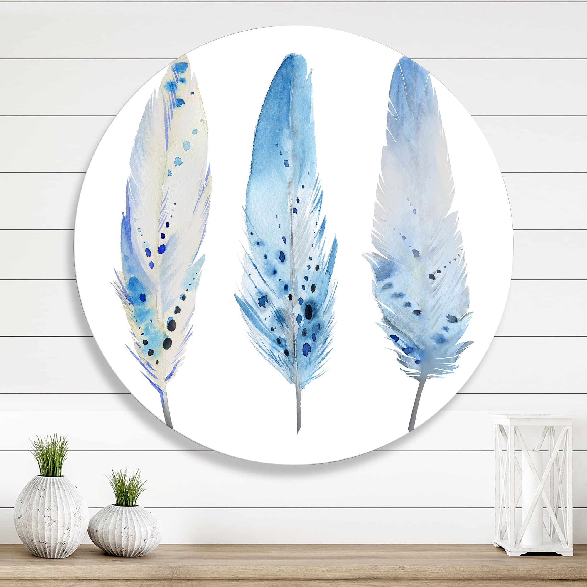 Designart 'Abstract Blue Boho Feathers II' Lake House Circle Metal Wall Art 23x23 - Disc of 23