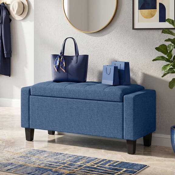 HOMCOM Storage Ottoman, Tufted Armrests Storage Bench with Wooden Legs for Entryway, Living Room, Bedroom, 36.6", Blue