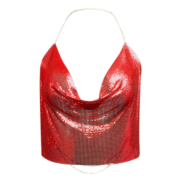 トップス S customize chain tank XFLWAM Women Metal Sequin Sparkle Glitter Tank Deep V Neck