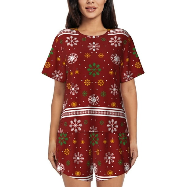 Fotbe Merry Christmas Conjunto de Pijama Estampado para Mujer, 2 Piezas, Ropa de Dormir con Camiseta de Manga Corta y Shorts Suaves-Small