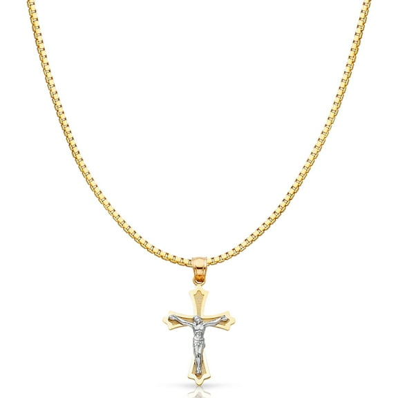 14K Two Tone Gold Jesus Crucifix Cross Religious Charm Pendant with 1mm Box Chain Necklace