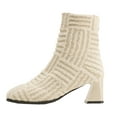 thumbnail image 2 of Plush Ankle Boots for Women Comfortable Knit Sock Fall Booties Fashion Square Toe Chunky Mid Heel Slip On Mid Calf Elastic Dress Booties Beige Size 10, 2 of 8