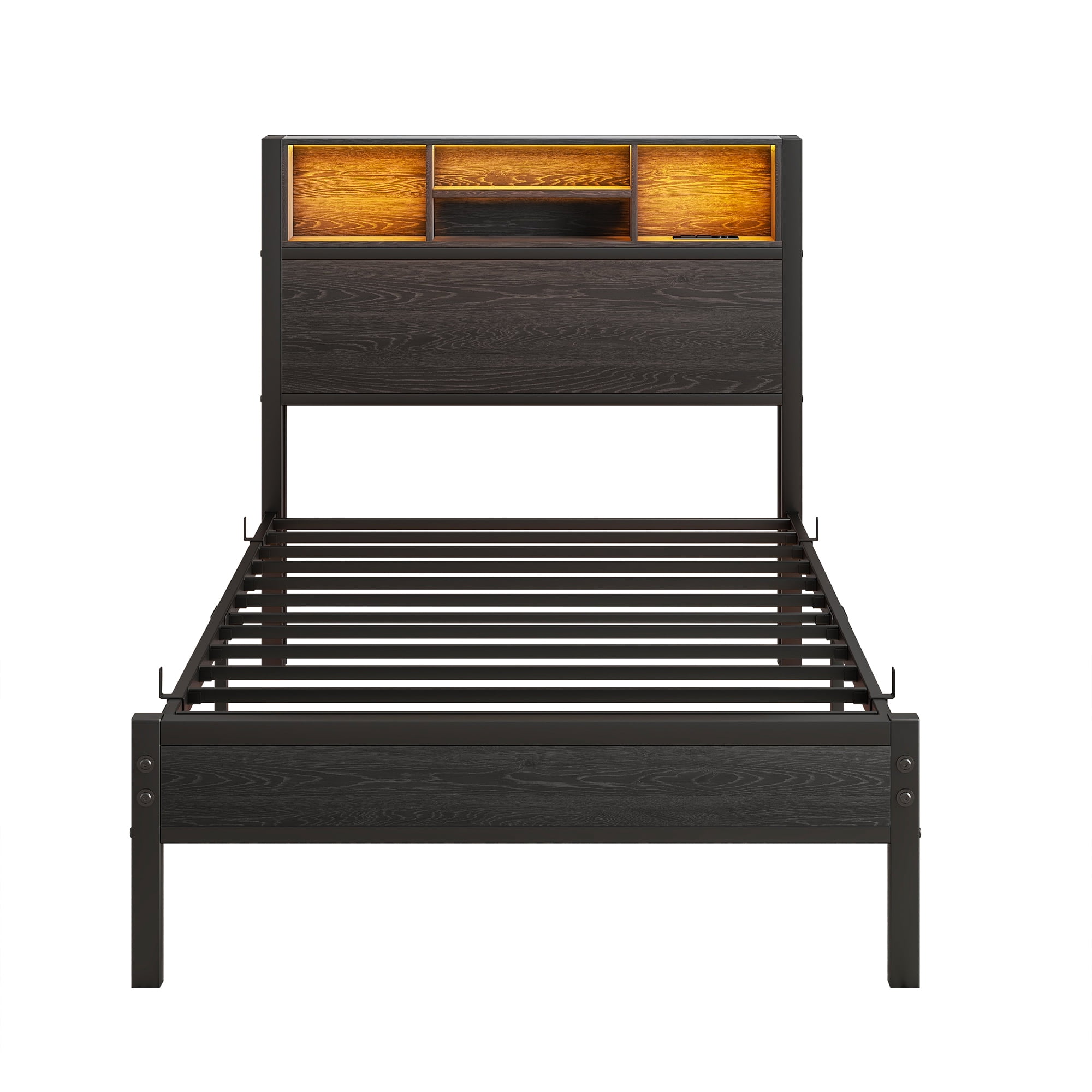 Yoneston Twin Size Bed Frame with Storage Headboard and LED Light, Metal Platform Bed with Charging Station & Bookcase Storage, Black