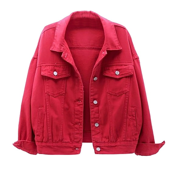 Huesdet Women's Embroidered Denim Jean Jacket for Women Fashion Solid Oversized Long Sleeve Button Up Shacket Jacket Coat with Pockets(Red,L)
