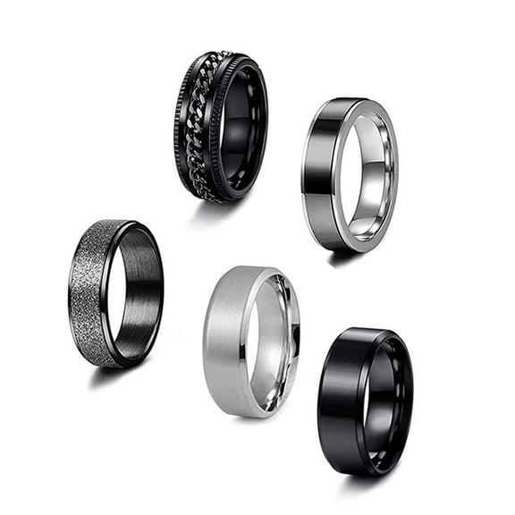 8MM 5pcs Stainless Steel Ring Mens Black Spinner Chain Rings Beveled Edge Wedding Band Plain Ring Set for Men Women Size 7-11