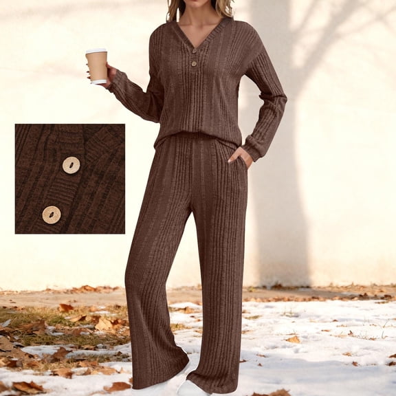 gbyLJF Womens Casual Knitted Outfit Set Long Sleeve V-neck Shirts Elastic Waist Pants Solid Color 2 Piece Tops&Pants Set