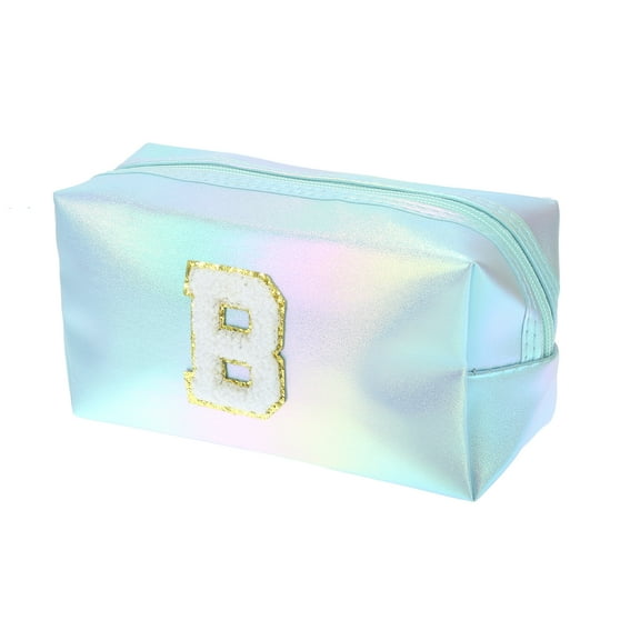 1 Pc Women Durable Letter B Cosmetic Bag for Vacation Outdoor Activities Blue PU Leather