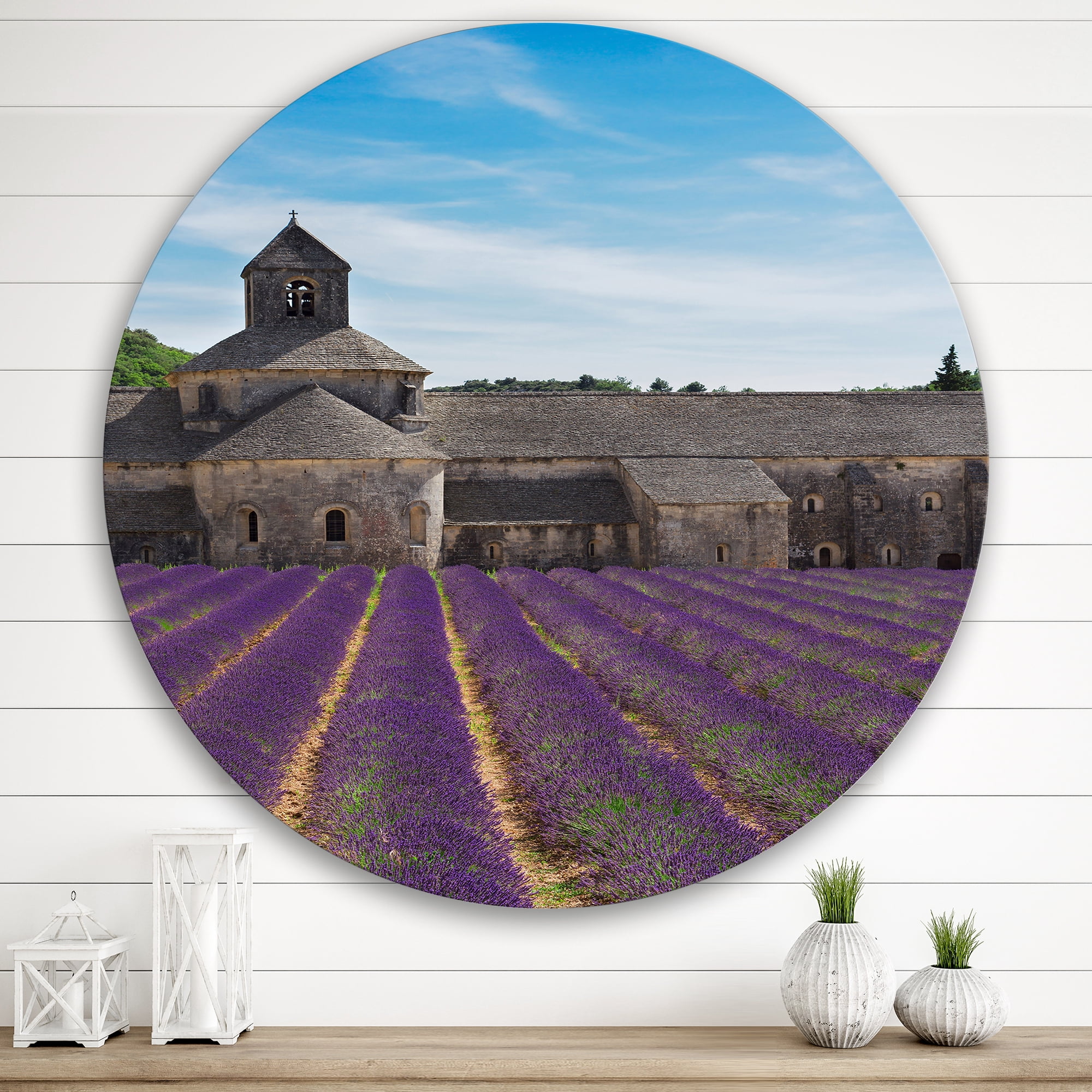 Designart 'Abbey With Lavender Field In France' Farmhouse Circle Metal Wall Art 36x36 - Disc of 36