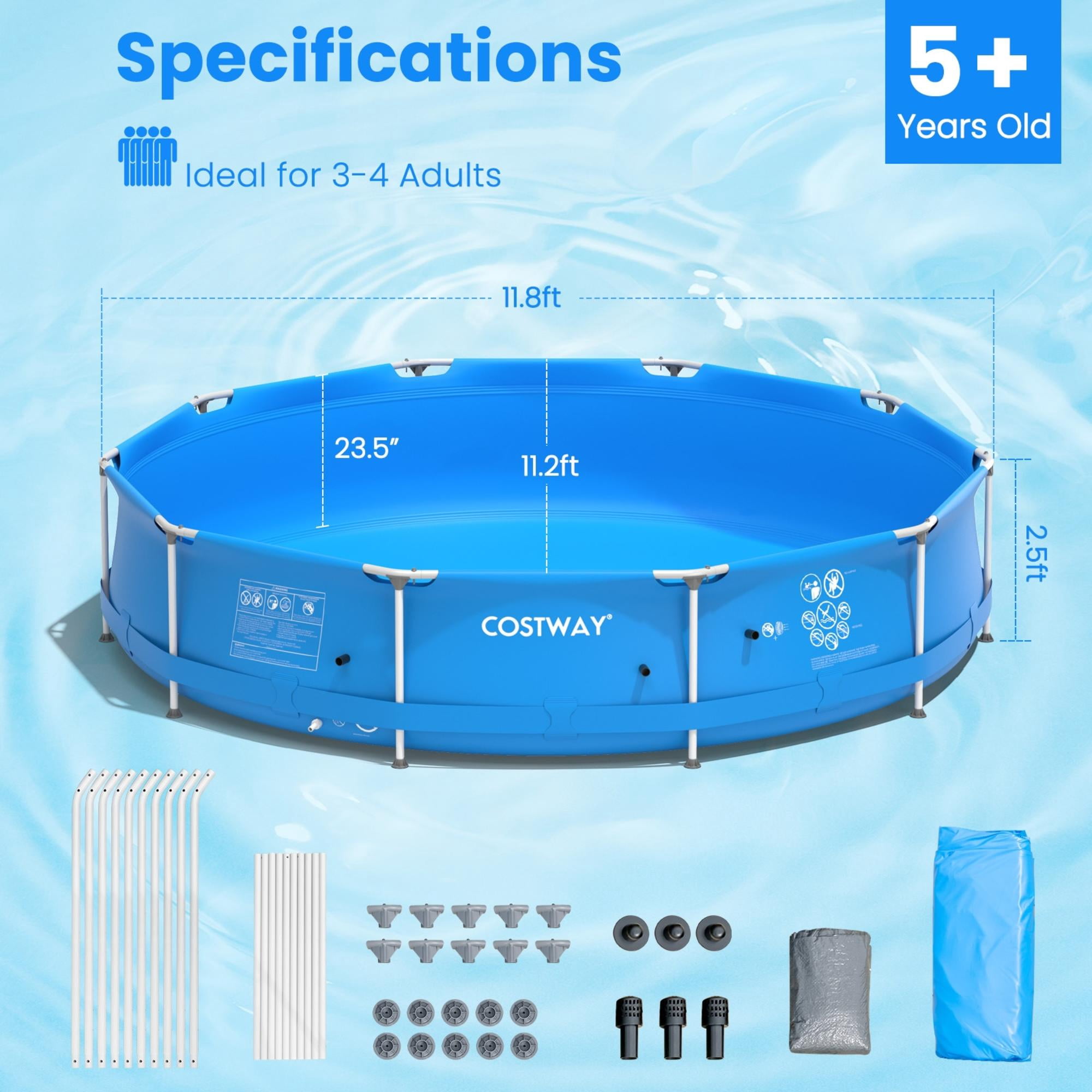 11.8 ft Round Above Ground Swimming Pool with Pool Cover, 3 Layer PVC Sidewall Metal Frame Pool for Backyard, Outdoor Family Pool for 3-4 People, Blue