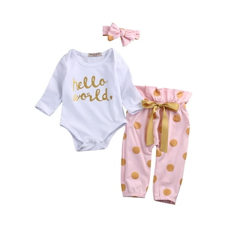 

Canrulo 3PCS Newborn Baby Girls Long Sleeves Romper Polka Dot Pants and Headdress Summer Outfits White 6-9 Months