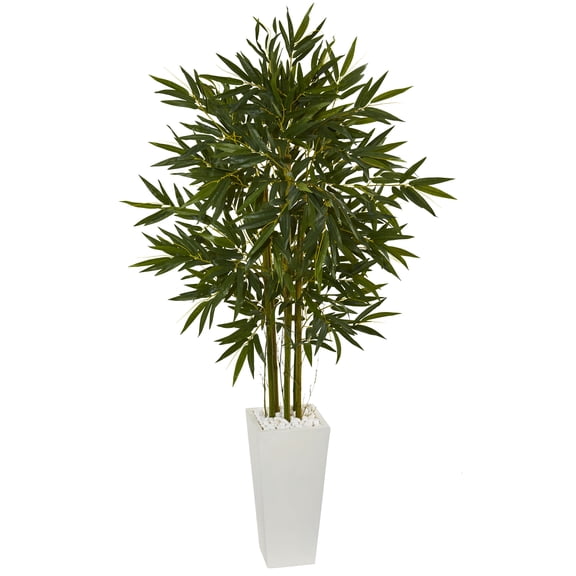 Nearly Natural 6' Bamboo Artificial Tree in White Tower Planter, Green