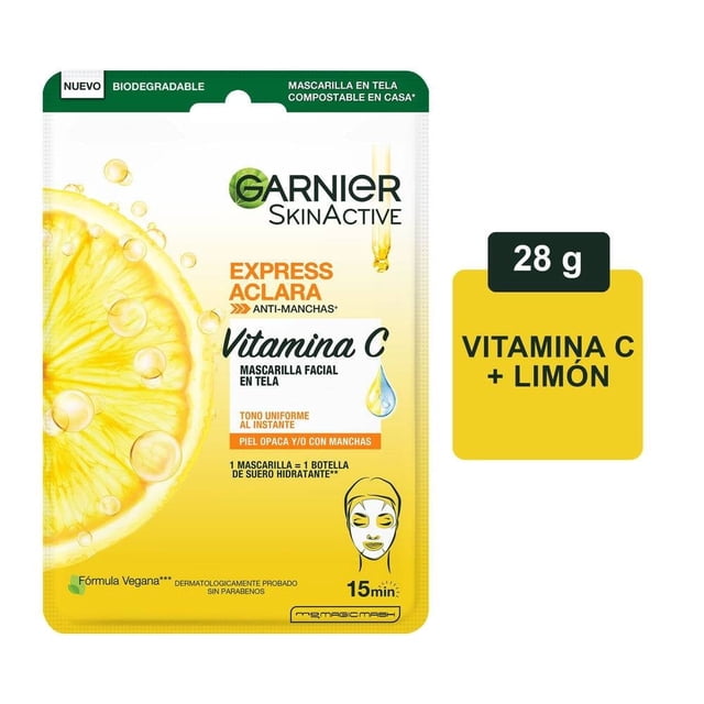 Mascarilla facial en tela Garnier Skin Active express aclara tono uniforme 28 g