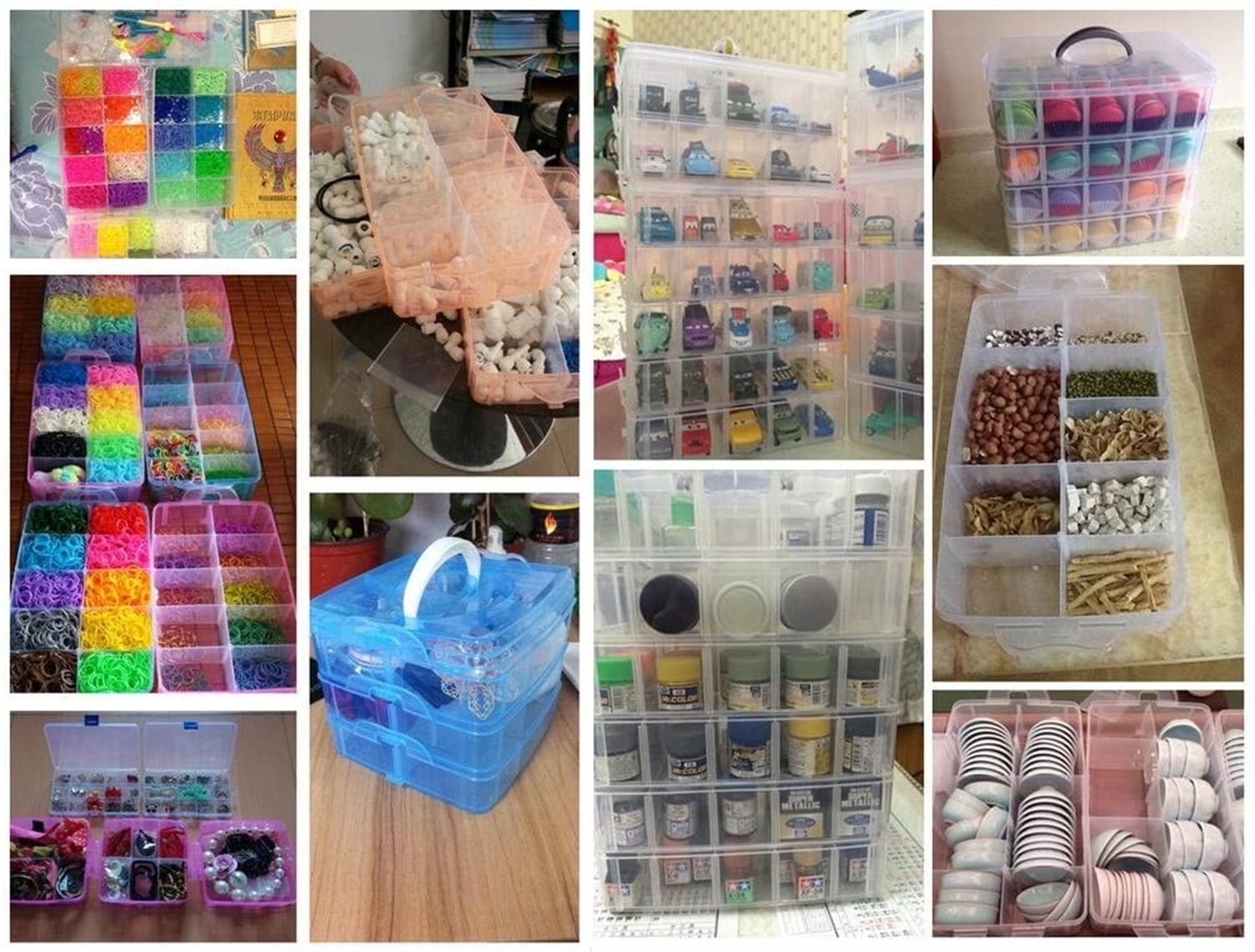 3-Layer Stackable Craft Storage Containers - Plastic Craft Box Organizer with 30 Adjustable Compartments and Handle - Portable Beads Organizers and Storage for Arts and Crafts, Toy, Washi Tapes, Nail