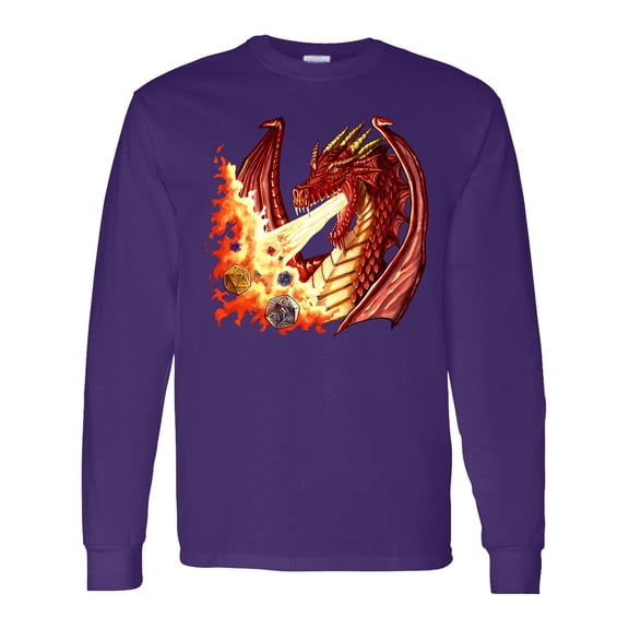 Inktastic Dragon Breathing Fire with Role Playing Dice Long Sleeve T-Shirt