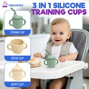 HippoBaby Silicone Sippy Cups with Straws, Spill-Proof, Dishwasher Safe, Mint/Cream, 2 Pack