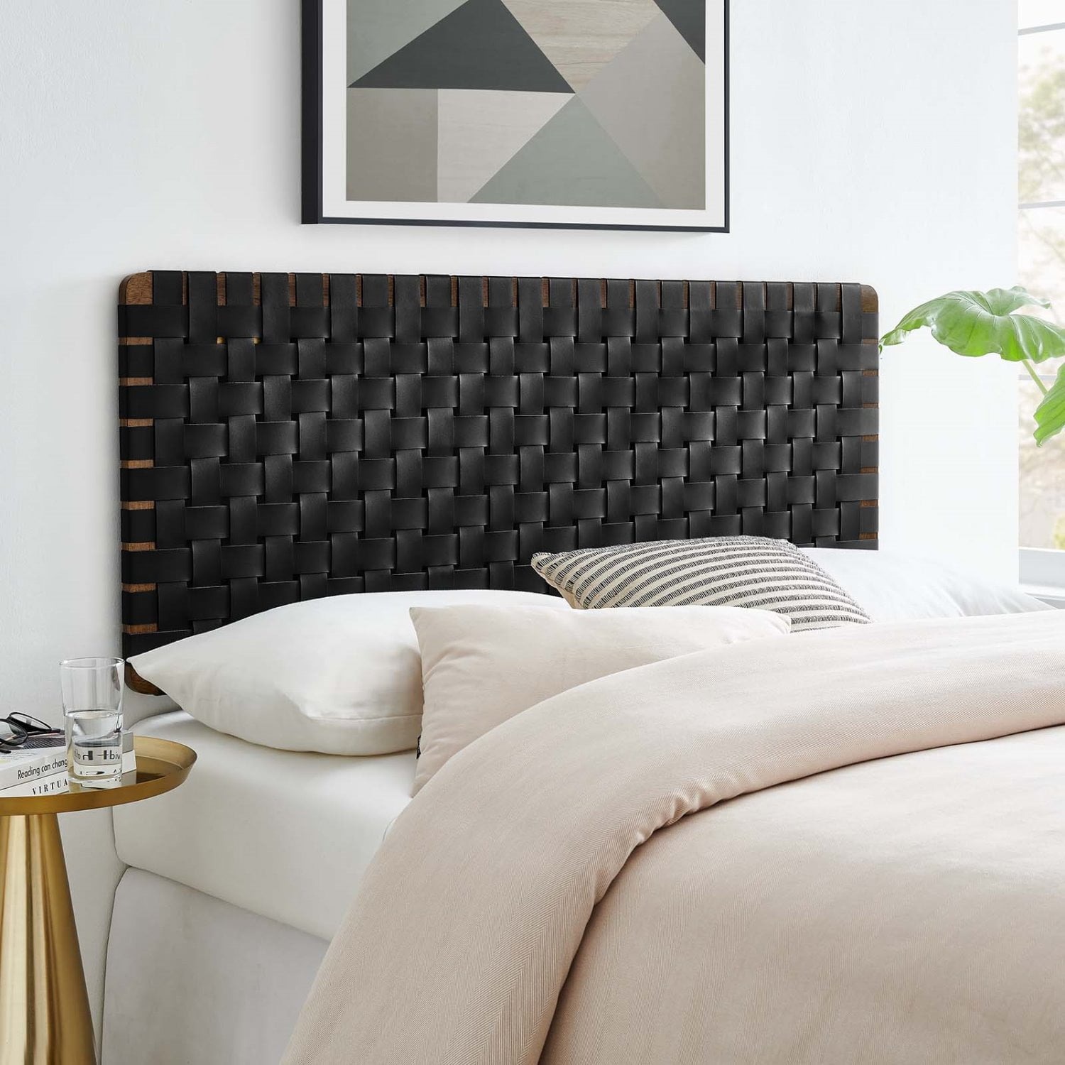 Headboard, Full Size, Walnut Black, Vegan Leather, Bedroom, Modern Contemporary HB36754