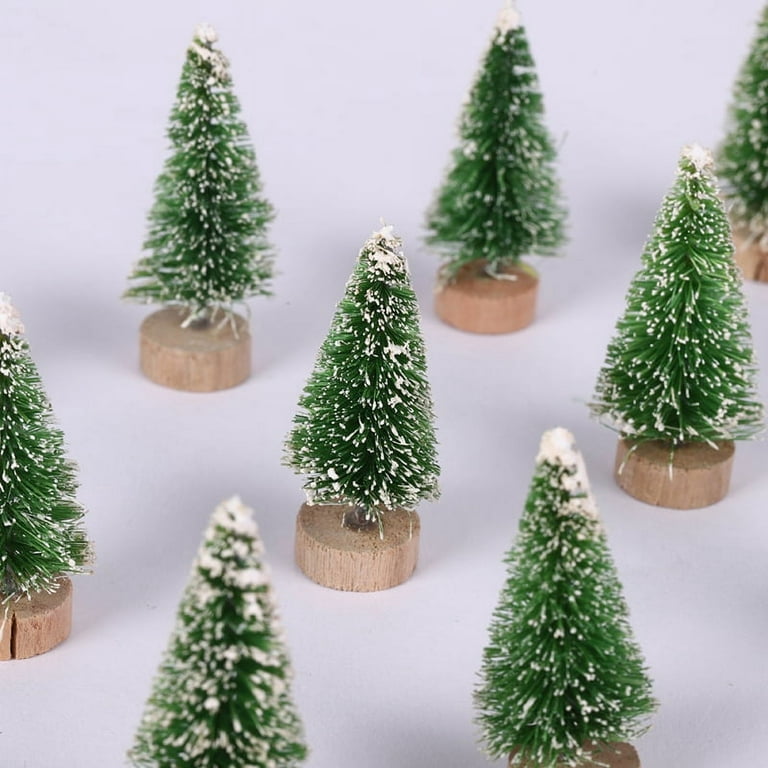 DUDNJC 4 PCS Mini Pine Tabletop Christmas Trees Frosted Sisal Trees with  Wood Base Bottle Brush Fake Trees Plastic Winter Snow Ornaments Displaying