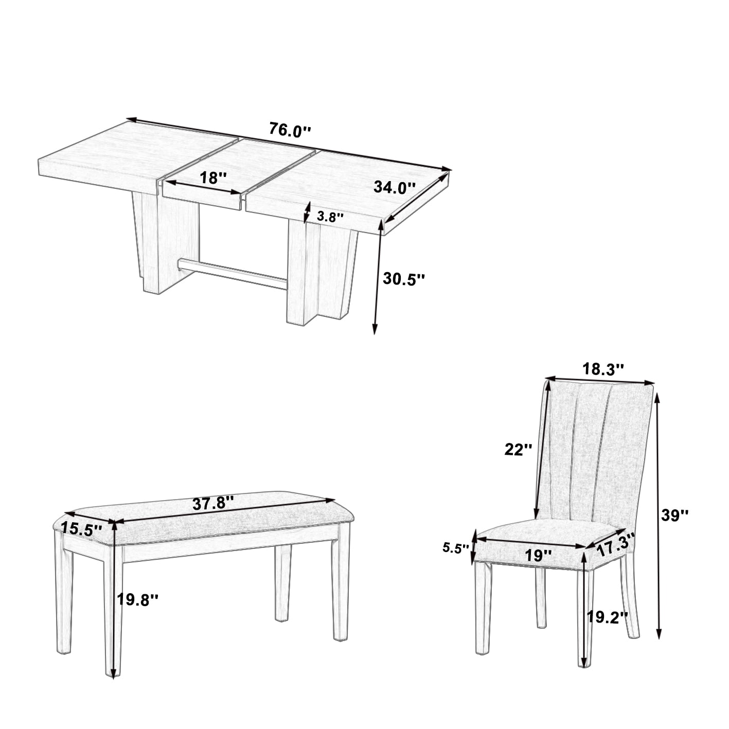 6 Piece Dining Table Set for 6, 58"-76" Extendable Dining Table with Bench and 4 Upholstered Chairs